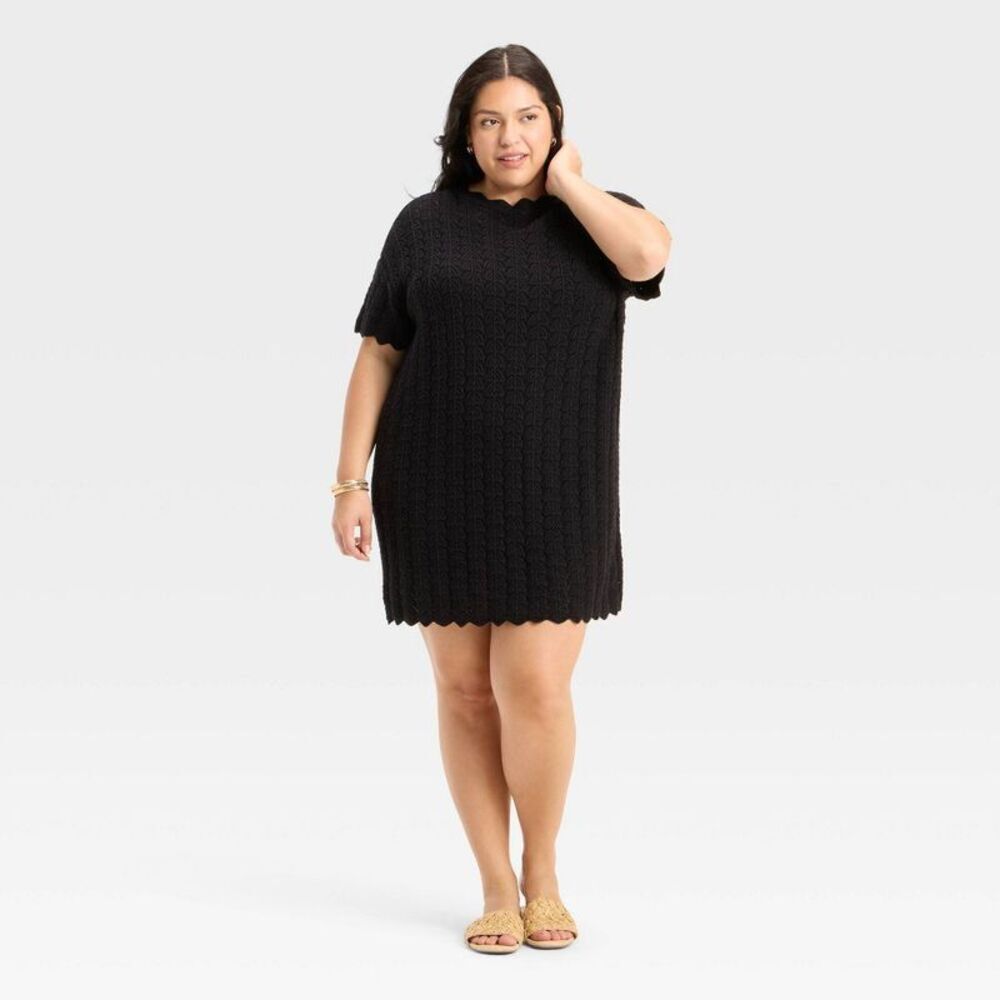 A New Day - Women's Short Sleeve Pointelle Mini Sweater Dress Black - Picture 3 of 3